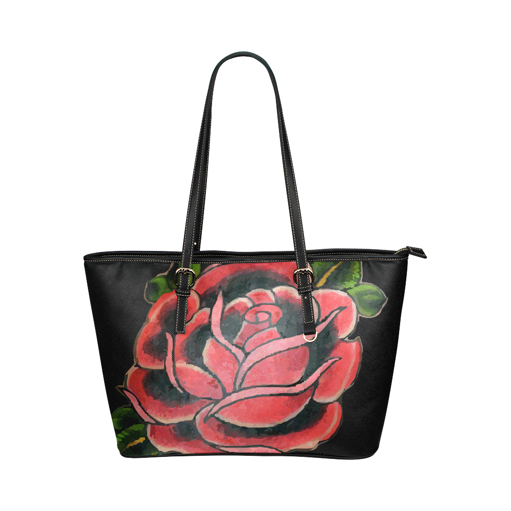 Rose Tattoo Vintage Floral Flower Art Leather Tote Bag/Small (Model 1651)
