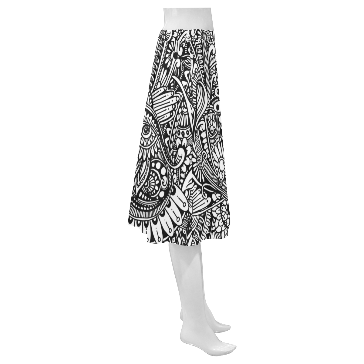 Black white abstract flower pattern hippie Mnemosyne Women's Crepe Skirt (Model D16)