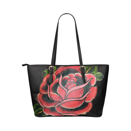 Rose Tattoo Vintage Floral Flower Art Leather Tote Bag/Large (Model 1651)