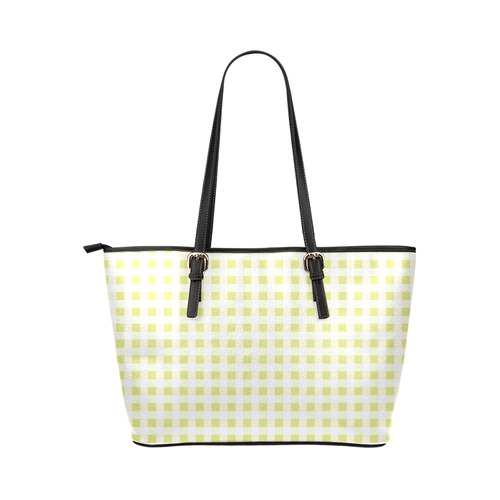 Pale Yellow Gingham Leather Tote Bag/Large (Model 1651)