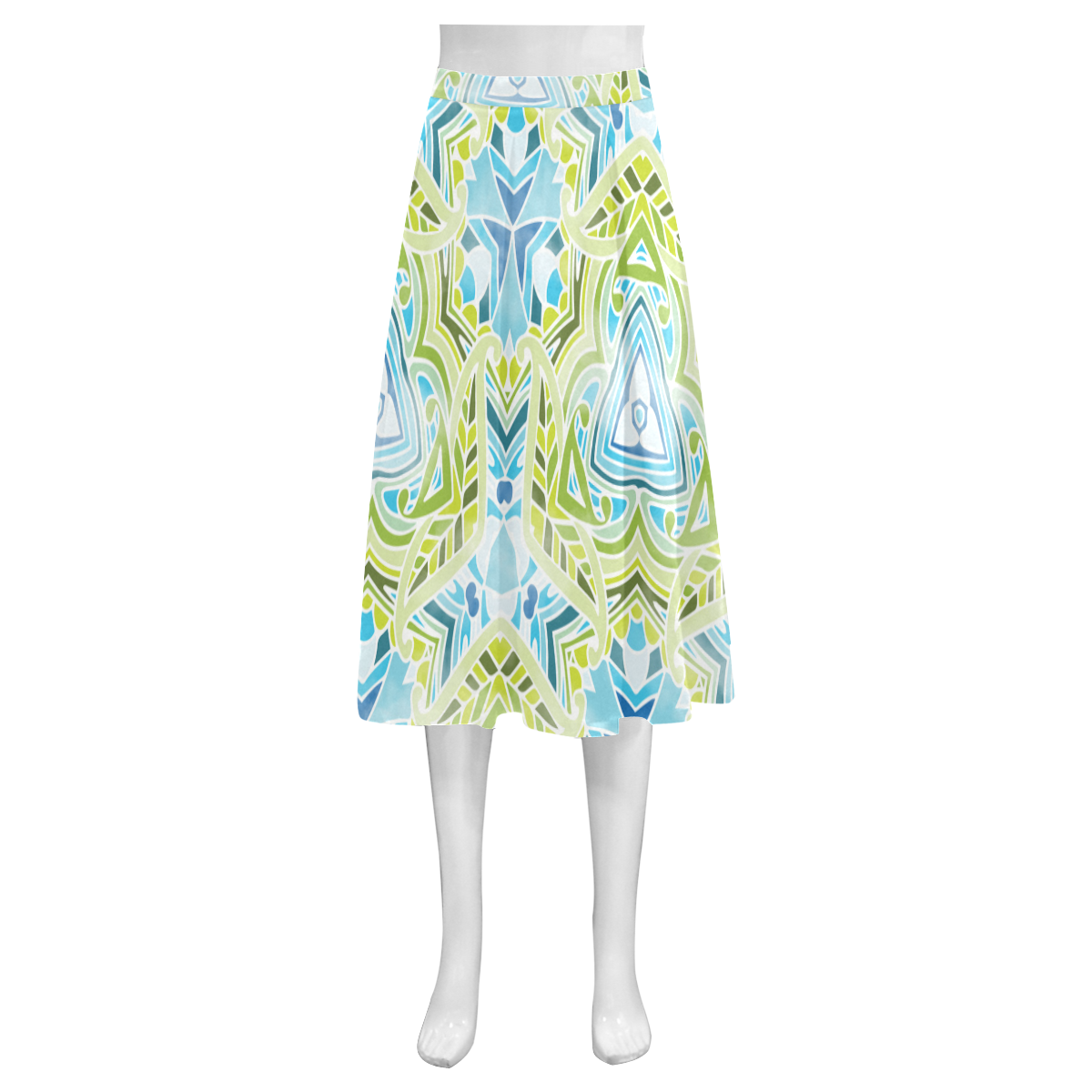 Zandine 0408 green leaf blue watercolor pattern Mnemosyne Women's Crepe Skirt (Model D16)