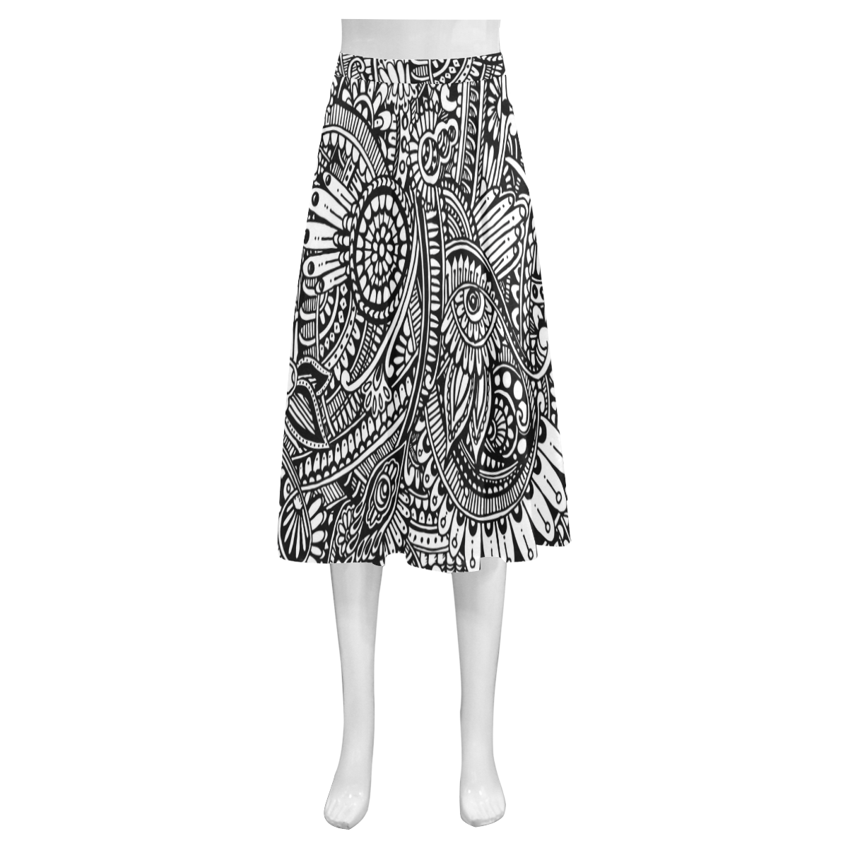 Black white abstract flower pattern hippie Mnemosyne Women's Crepe Skirt (Model D16)