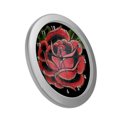 Rose Tattoo Vintage Floral Flower Art Silver Color Wall Clock