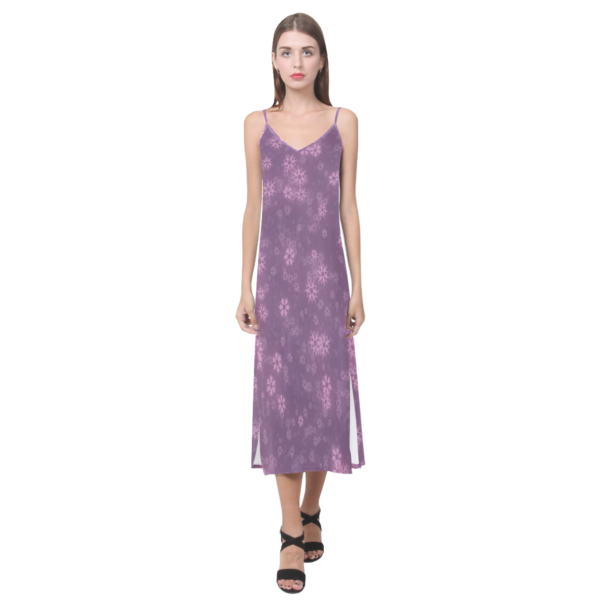 Snow stars lilac V-Neck Open Fork Long Dress(Model D18)