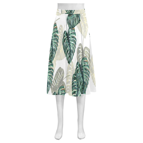 Tropical leaves in green and grey Mnemosyne Women's Crepe Skirt (Model D16)