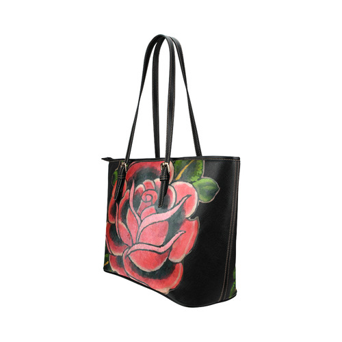 Rose Tattoo Vintage Floral Flower Art Leather Tote Bag/Large (Model 1651)