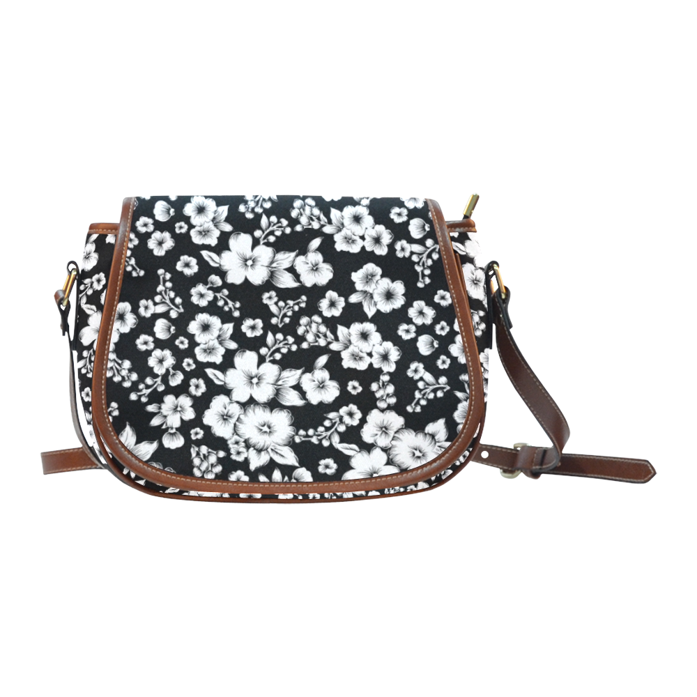 Fine Flowers Pattern Solid Black White Saddle Bag/Small (Model 1649) Full Customization