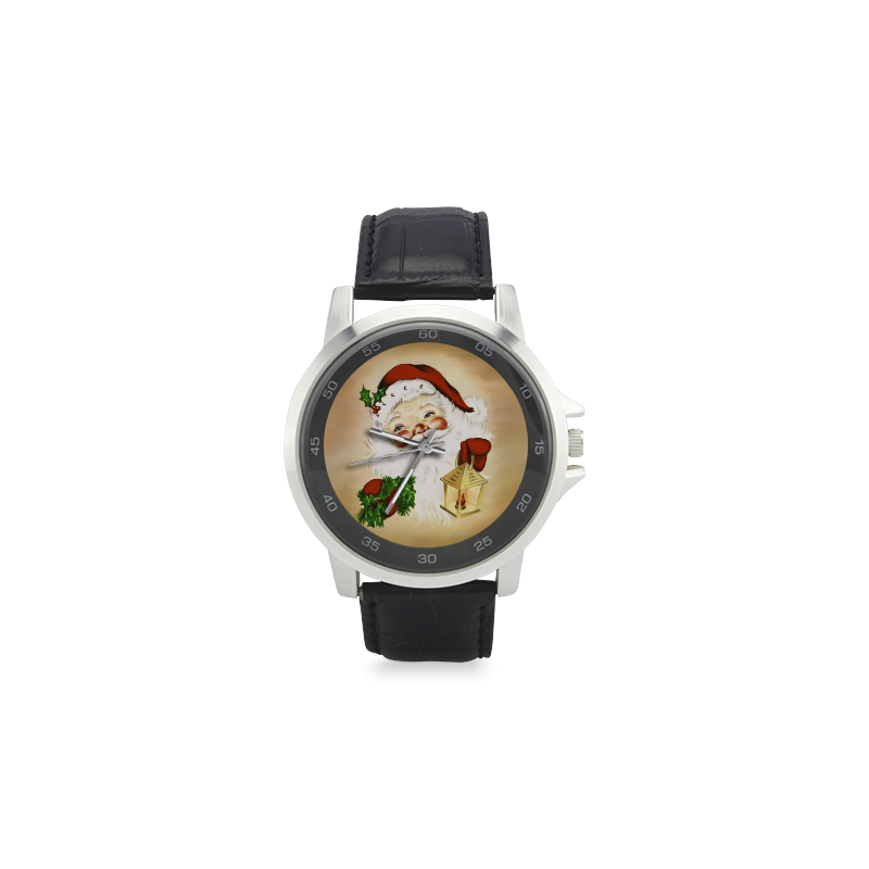 A cute Santa Claus with a mistletoe and a latern Unisex Stainless Steel Leather Strap Watch(Model 202)