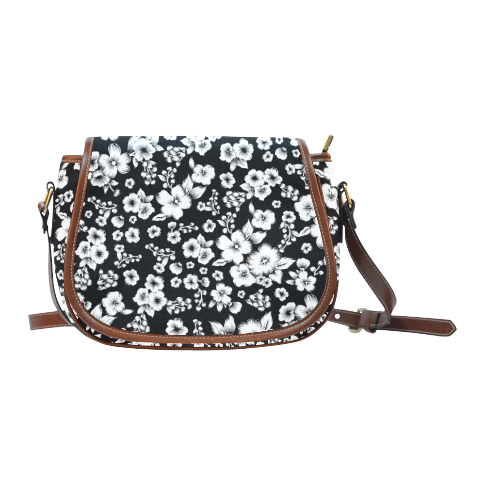Fine Flowers Pattern Solid Black White Saddle Bag/Large (Model 1649)