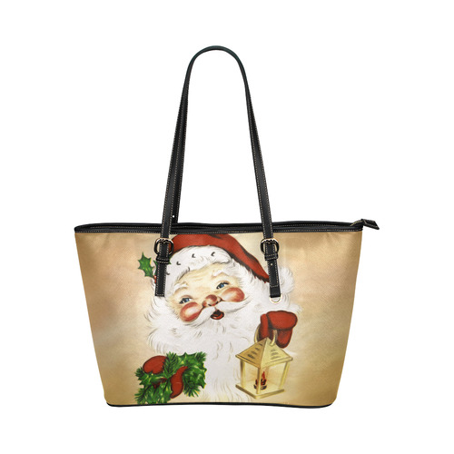 A cute Santa Claus with a mistletoe and a latern Leather Tote Bag/Large (Model 1651)