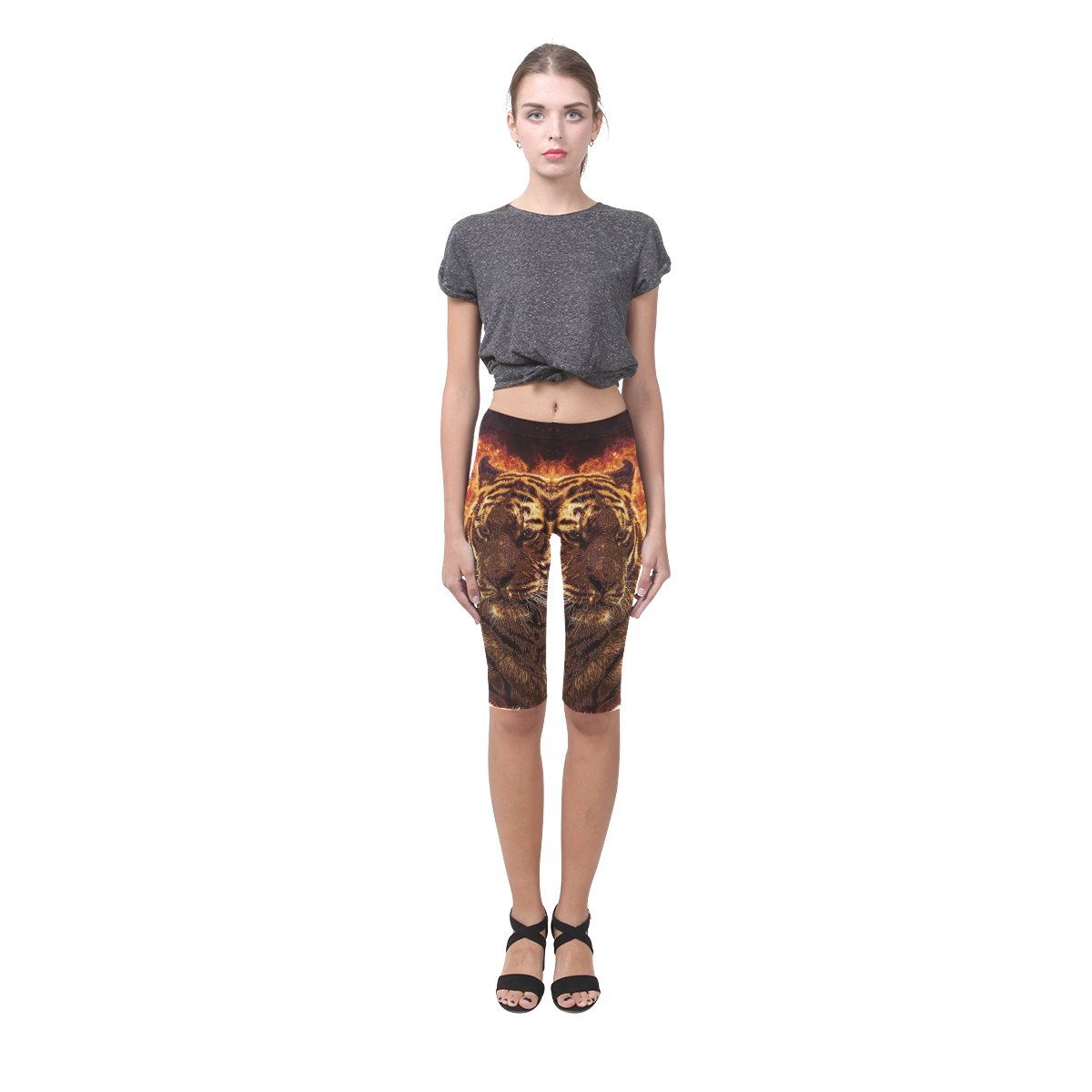 A magnificent tiger is surrounded by flames Hestia Cropped Leggings (Model L03)