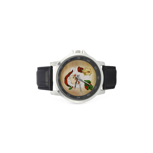 A cute Santa Claus with a mistletoe and a latern Unisex Stainless Steel Leather Strap Watch(Model 202)