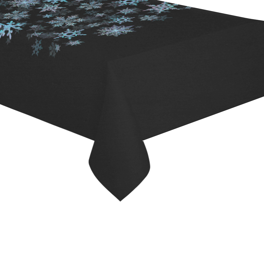 Snowflakes, Blue snow on black, stitched Cotton Linen Tablecloth 60"x120"