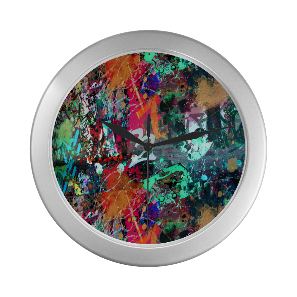 Graffiti Wall and Paint Splatter Silver Color Wall Clock