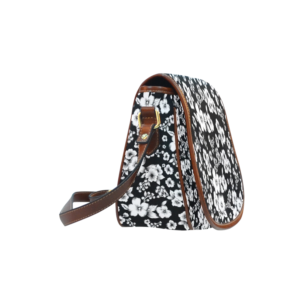 Fine Flowers Pattern Solid Black White Saddle Bag/Small (Model 1649) Full Customization