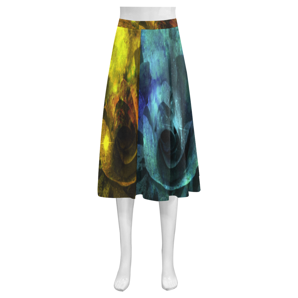 Yellow and Blue Sparkling Rose Mnemosyne Women's Crepe Skirt (Model D16)