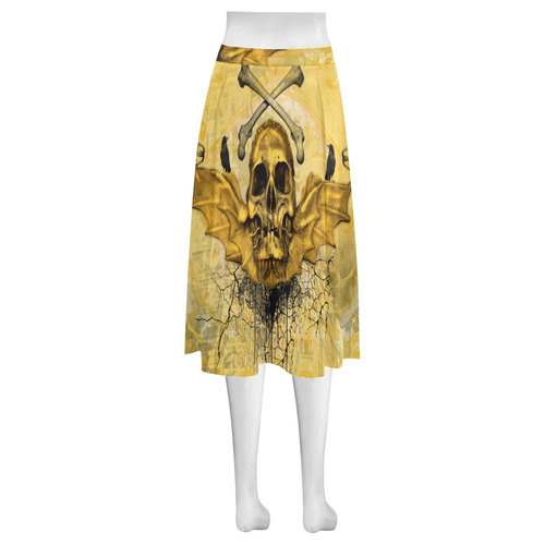 Awesome skull in golden colors Mnemosyne Women's Crepe Skirt (Model D16)