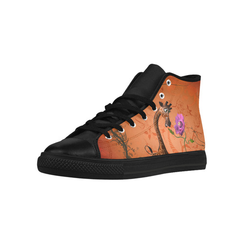 Funny giraffe speak with a flower Aquila High Top Microfiber Leather Women's Shoes/Large Size (Model 032)