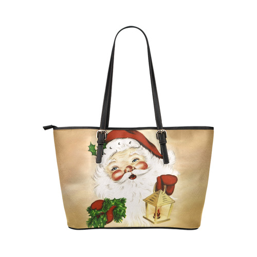 A cute Santa Claus with a mistletoe and a latern Leather Tote Bag/Large (Model 1651)