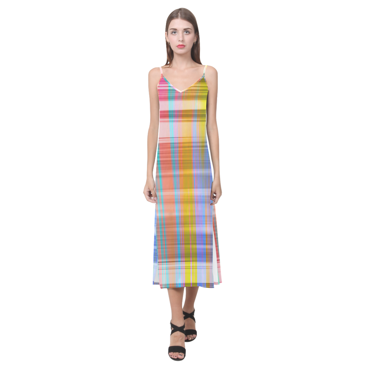 Stripes 20161005 V-Neck Open Fork Long Dress(Model D18)