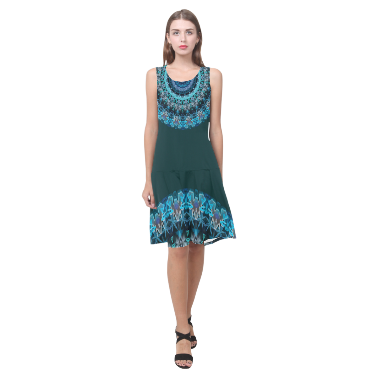 Aqua Kaleidoscope At Night Sleeveless Splicing Shift Dress(Model D17)