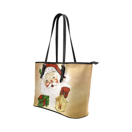 A cute Santa Claus with a mistletoe and a latern Leather Tote Bag/Large (Model 1651)