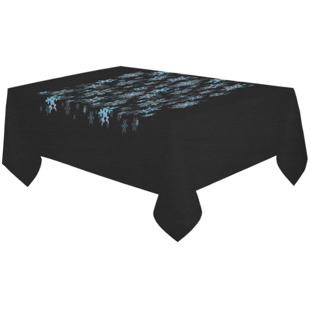 Snowflakes, Blue snow on black, stitched Cotton Linen Tablecloth 60"x120"