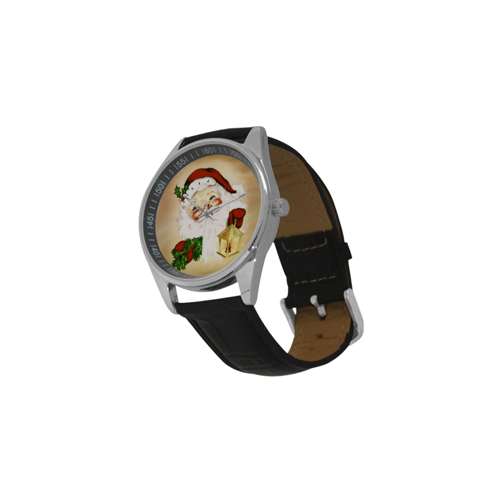 A cute Santa Claus with a mistletoe and a latern Men's Casual Leather Strap Watch(Model 211)