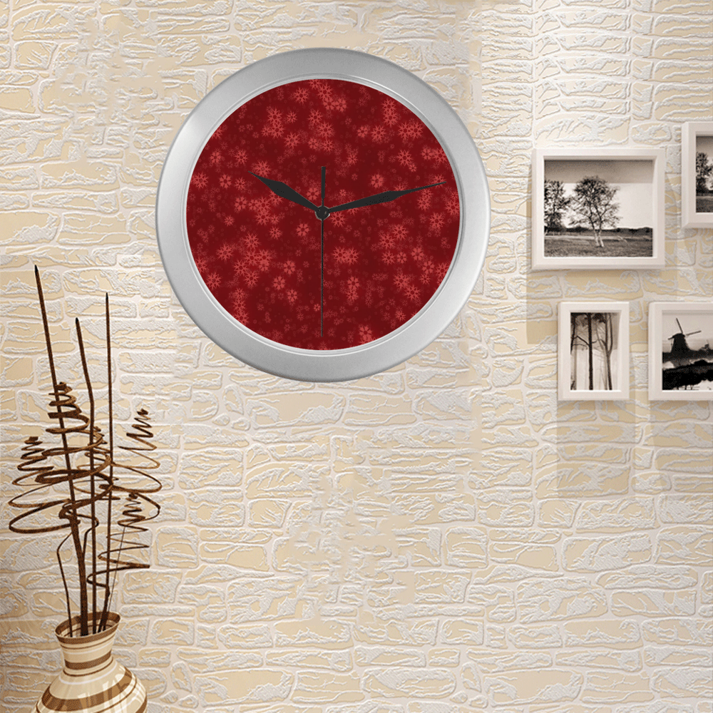 Snow stars red Silver Color Wall Clock