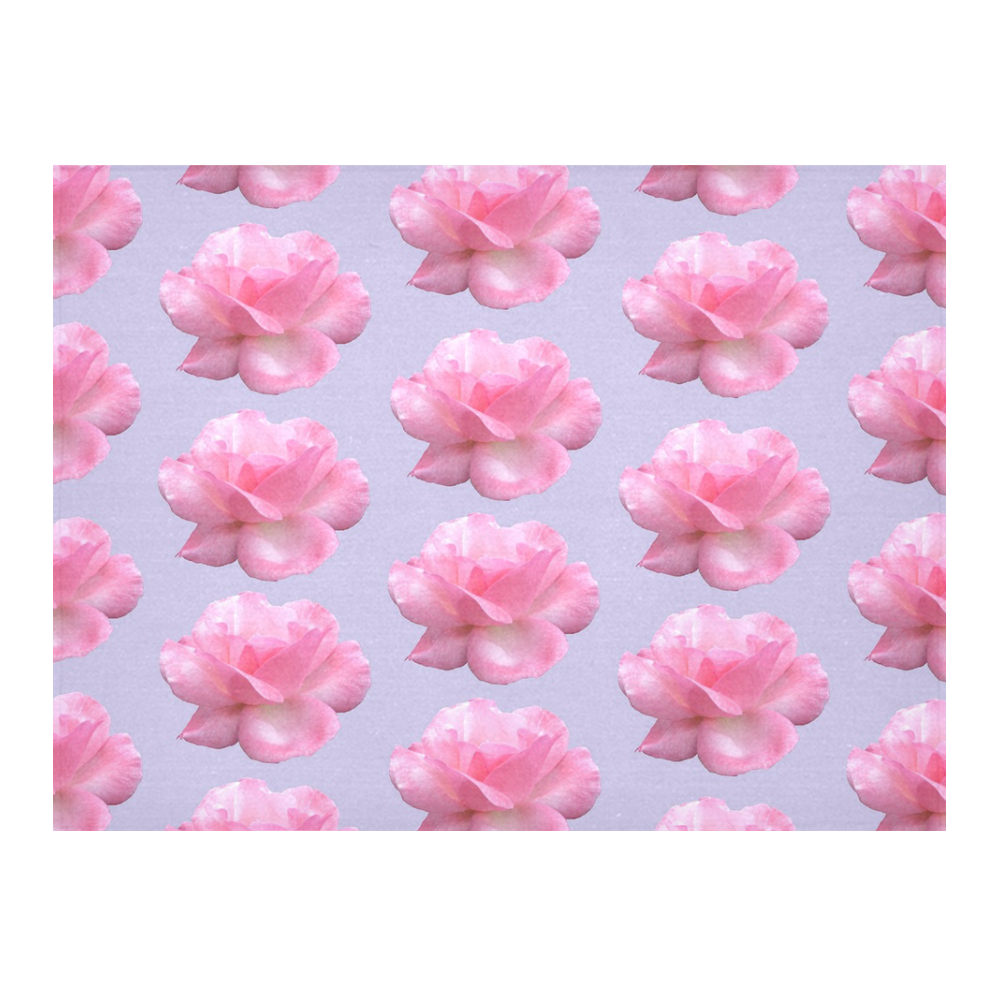 Pink Roses Pattern on Blue Cotton Linen Tablecloth 52"x 70"