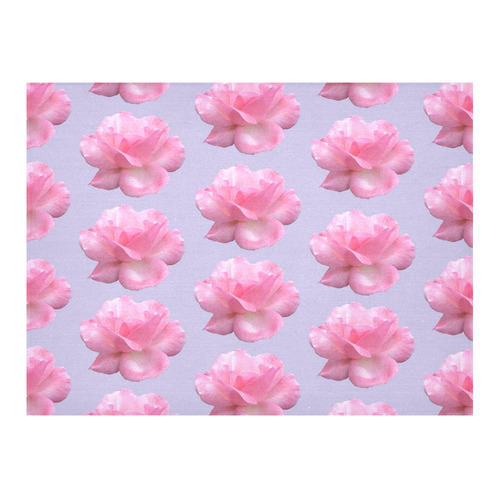 Pink Roses Pattern on Blue Cotton Linen Tablecloth 52"x 70"