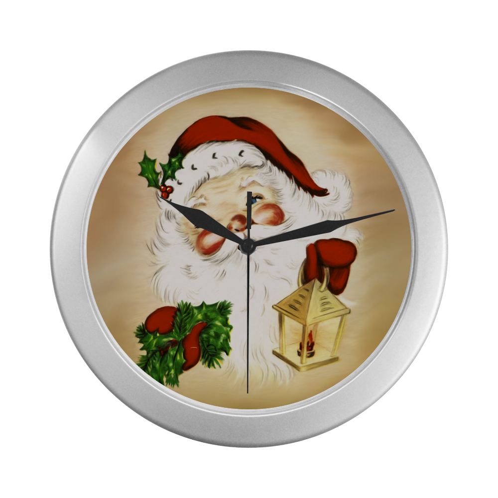 A cute Santa Claus with a mistletoe and a latern Silver Color Wall Clock