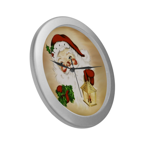 A cute Santa Claus with a mistletoe and a latern Silver Color Wall Clock