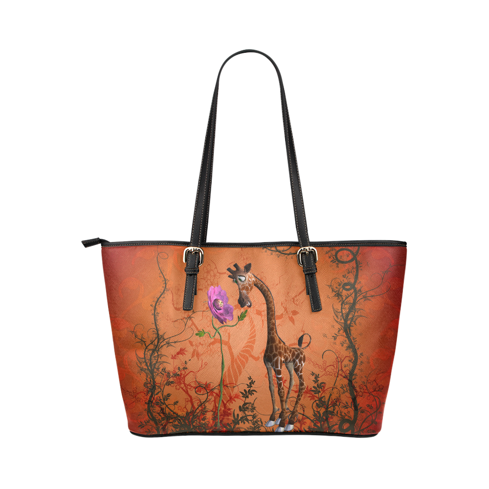 Funny giraffe speak with a flower Leather Tote Bag/Small (Model 1651)