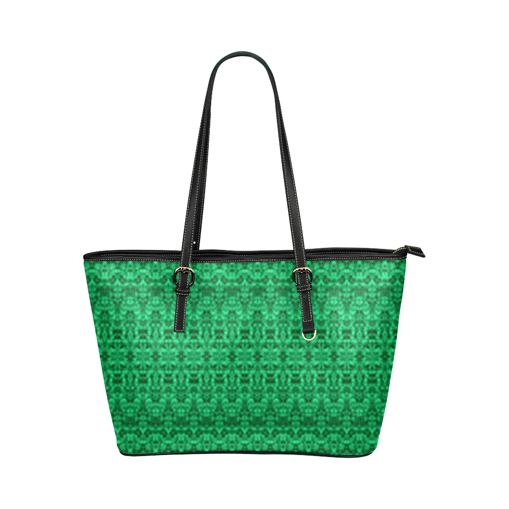 Boho Faded Abstract Green Damask Leather Tote Bag/Large (Model 1651)