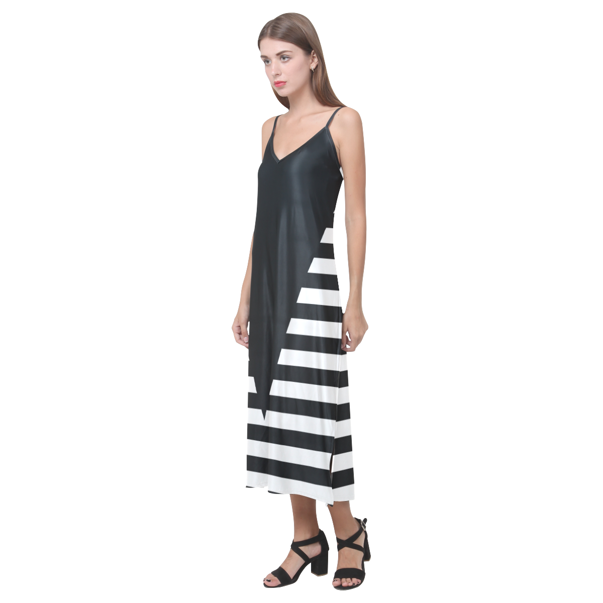 Geometric Style Black solid Stripes Big Triangle V-Neck Open Fork Long Dress(Model D18)