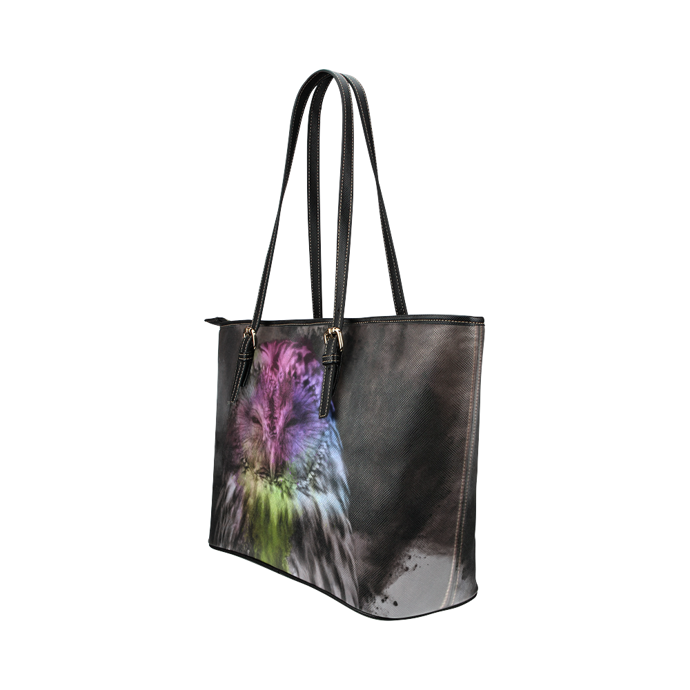 Abstract colorful owl Leather Tote Bag/Large (Model 1651)