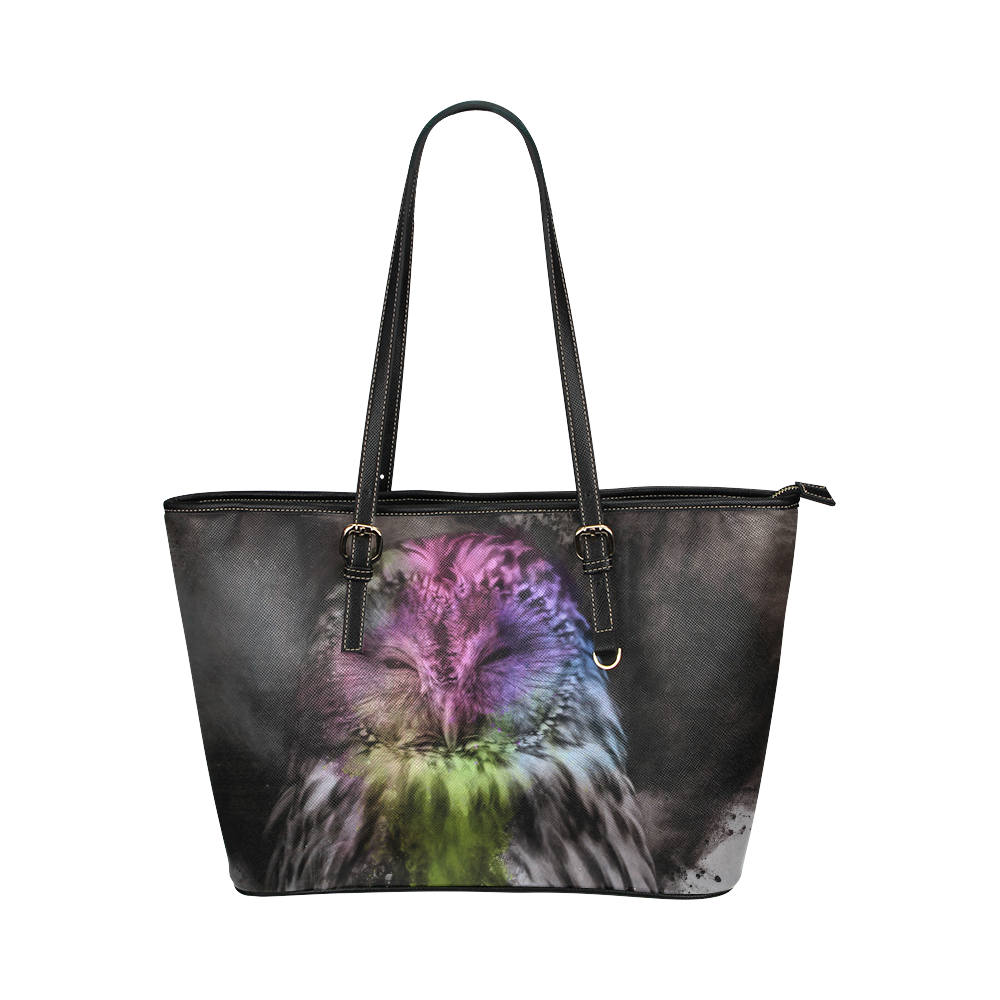 Abstract colorful owl Leather Tote Bag/Small (Model 1651)