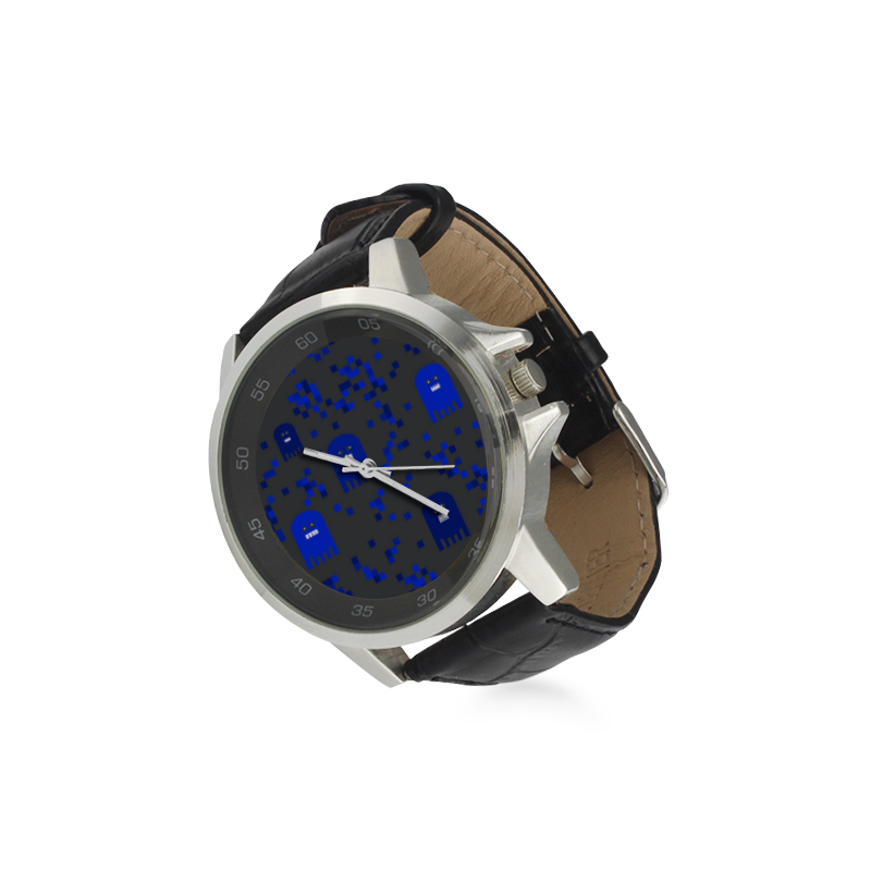Blue Video Game Unisex Stainless Steel Leather Strap Watch(Model 202)