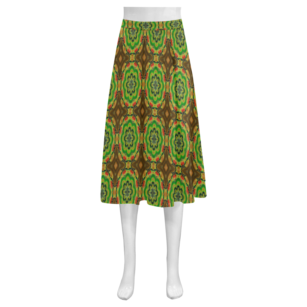 Brown and Green Floral Mnemosyne Women's Crepe Skirt (Model D16)