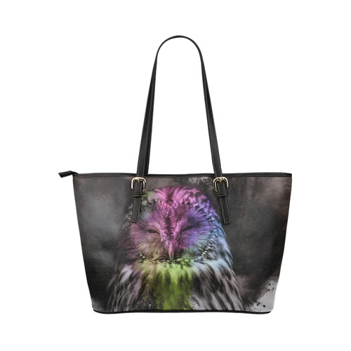 Abstract colorful owl Leather Tote Bag/Large (Model 1651)
