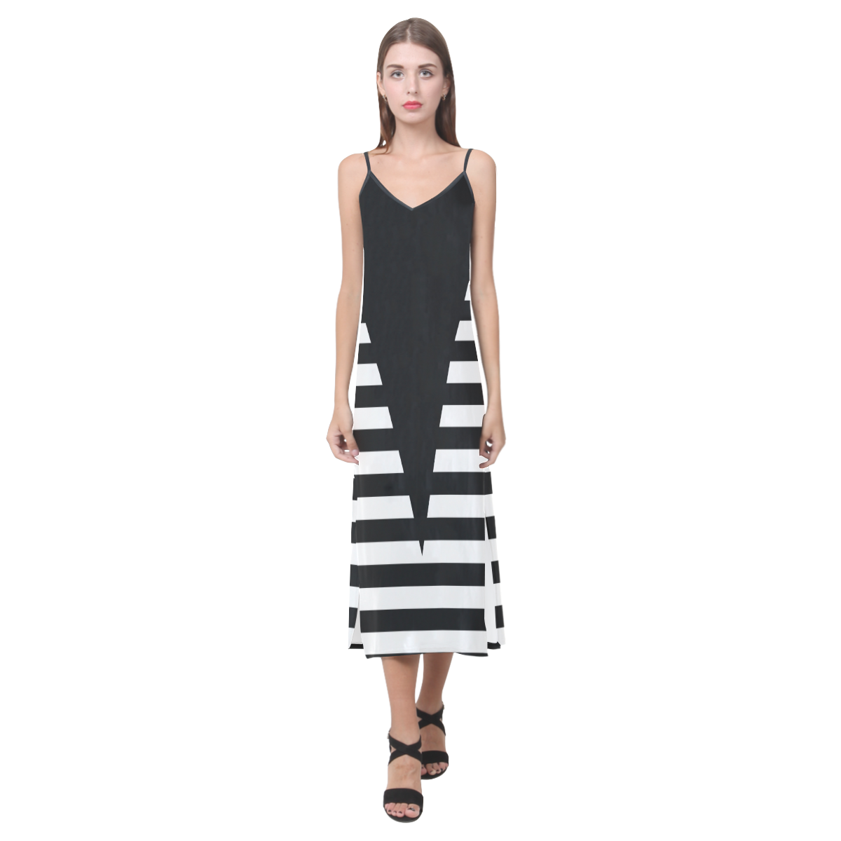 Geometric Style Black solid Stripes Big Triangle V-Neck Open Fork Long Dress(Model D18)