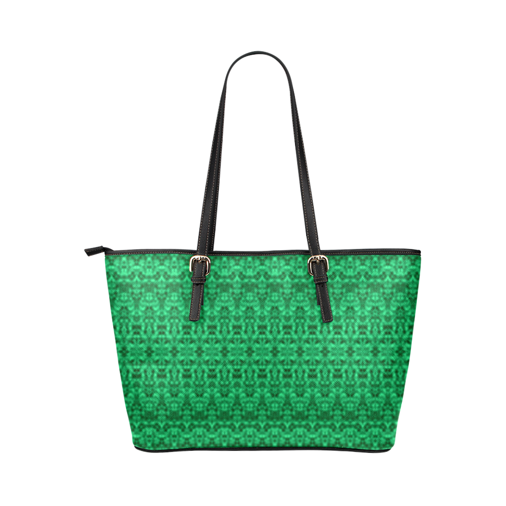 Boho Faded Abstract Green Damask Leather Tote Bag/Large (Model 1651)