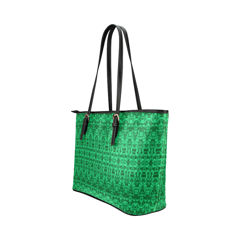 Bohemian Faded Abstract Green Damask Leather Tote Bag/Large (Model 1651)