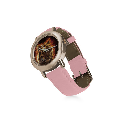 A magnificent tiger is surrounded by flames Women's Rose Gold Leather Strap Watch(Model 201)