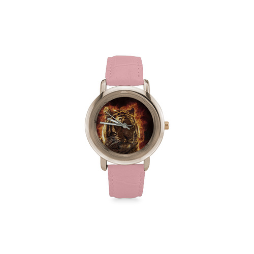 A magnificent tiger is surrounded by flames Women's Rose Gold Leather Strap Watch(Model 201)