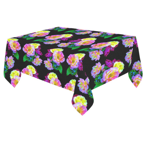 Rosa Yellow Roses on Black Pattern Cotton Linen Tablecloth 60"x 84"