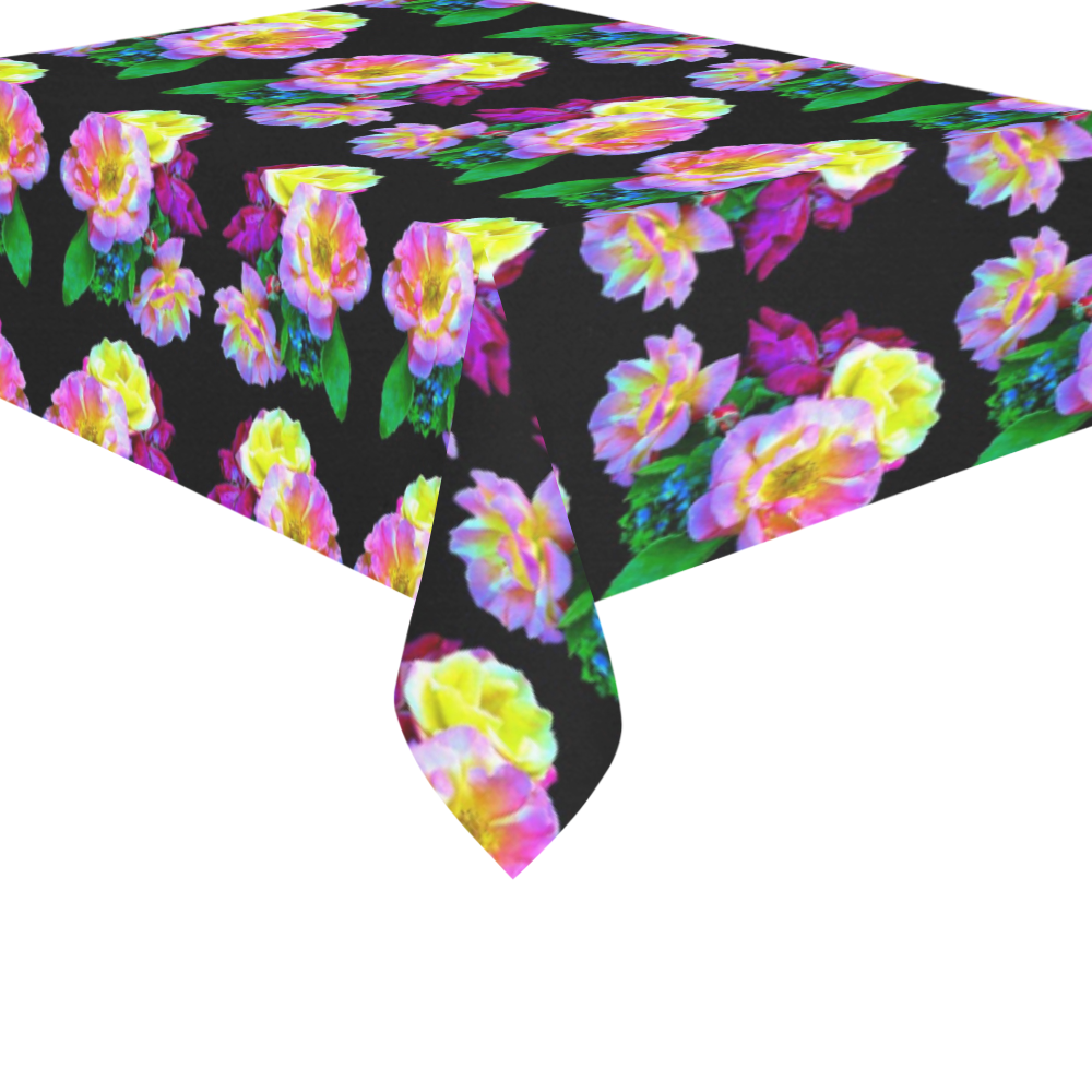 Rosa Yellow Roses on Black Pattern Cotton Linen Tablecloth 60"x 84"