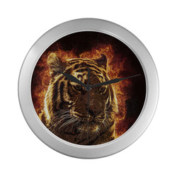 A magnificent tiger is surrounded by flames Silver Color Wall Clock