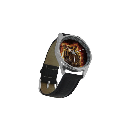 A magnificent tiger is surrounded by flames Men's Casual Leather Strap Watch(Model 211)